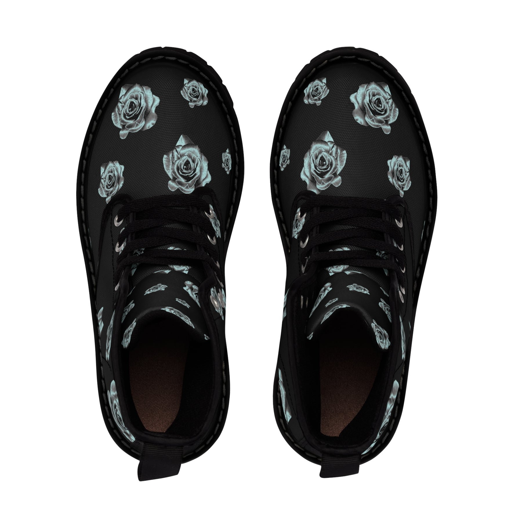 Women's black canvas boots with a silver rose pattern top view