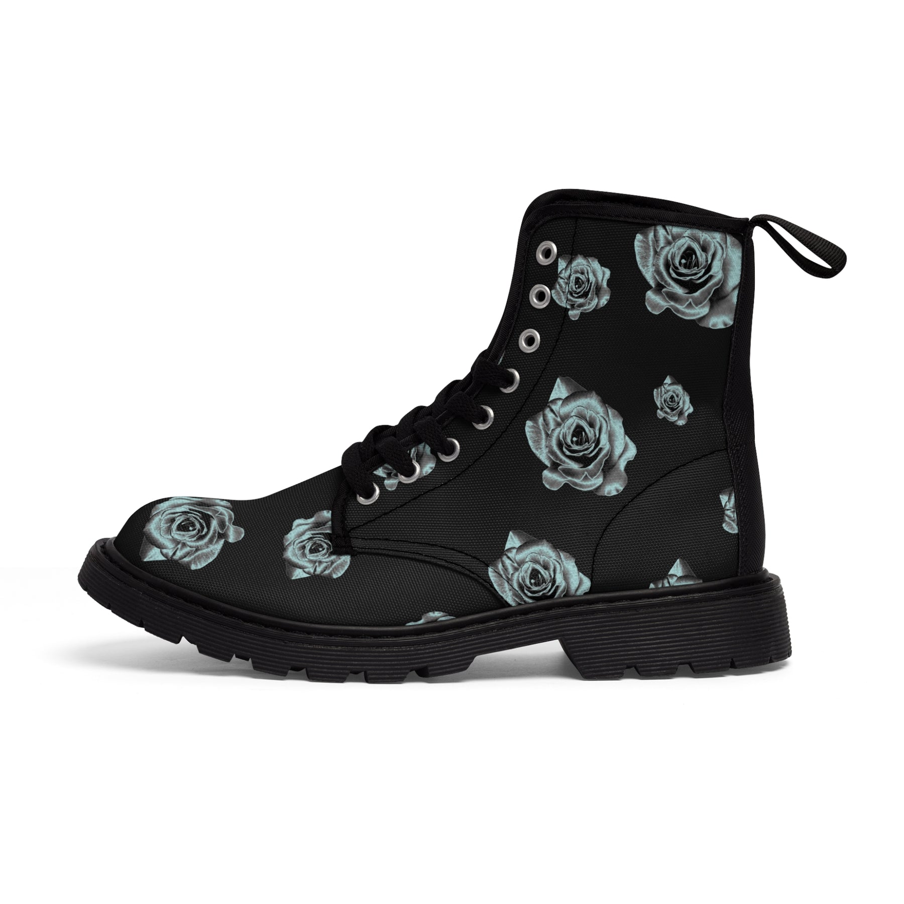 Women's black canvas boots with a silver rose pattern side view