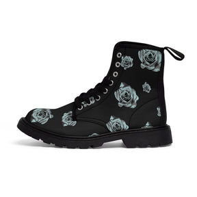 Women's black canvas boots with a silver rose pattern side view