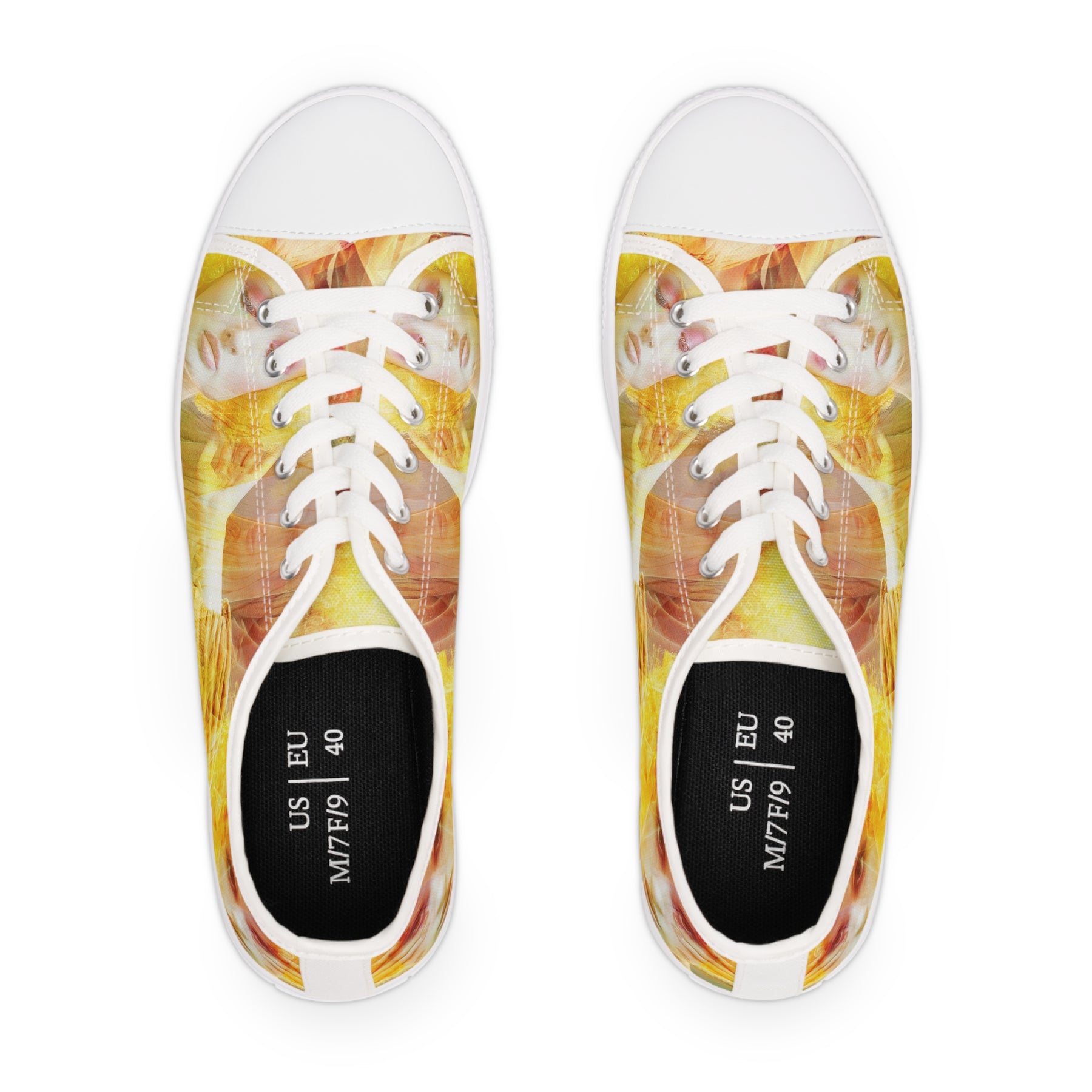 woman's canvas sneakers printed with a montage image of a beautiful fashion clown top view