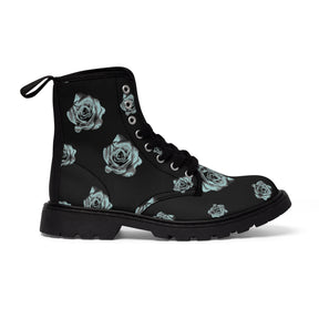 Women's black canvas boots with a silver rose pattern side view