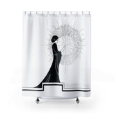 front view of a shower curtain with an ink drawing of a woman touching the spark of creation in an Art Deco style