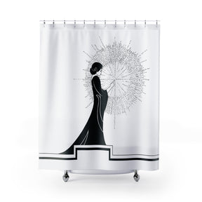 front view of a shower curtain with an ink drawing of a woman touching the spark of creation in an Art Deco style