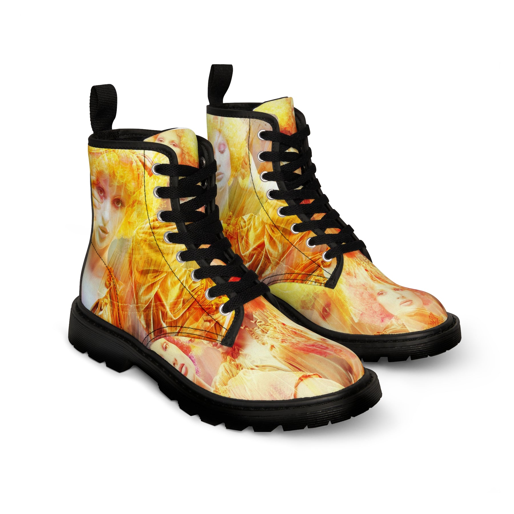 woman's canvas boots printed with a montage image of a beautiful fashion clown