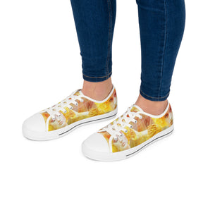 woman wearing woman's canvas sneakers printed with a montage image of a beautiful fashion clown