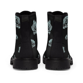 Women's black canvas boots with a silver rose pattern back view