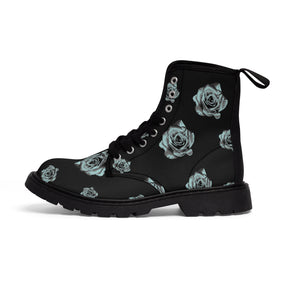 Women's black canvas boots with a silver rose pattern side view