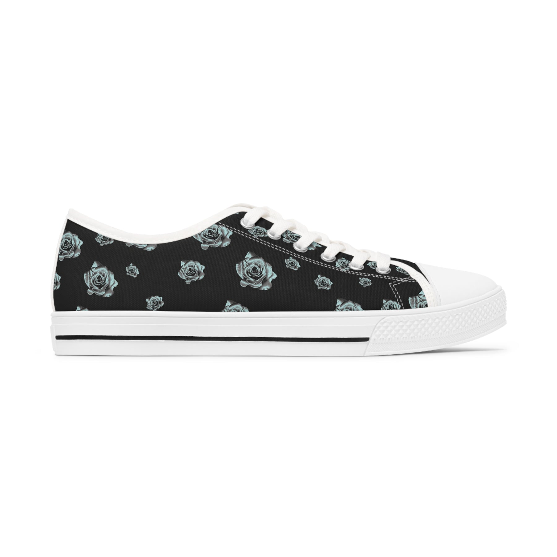 1 Black Sneaker with silver/blue roses and white soles and laces