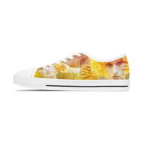 woman's canvas sneakers printed with a montage image of a beautiful fashion clown