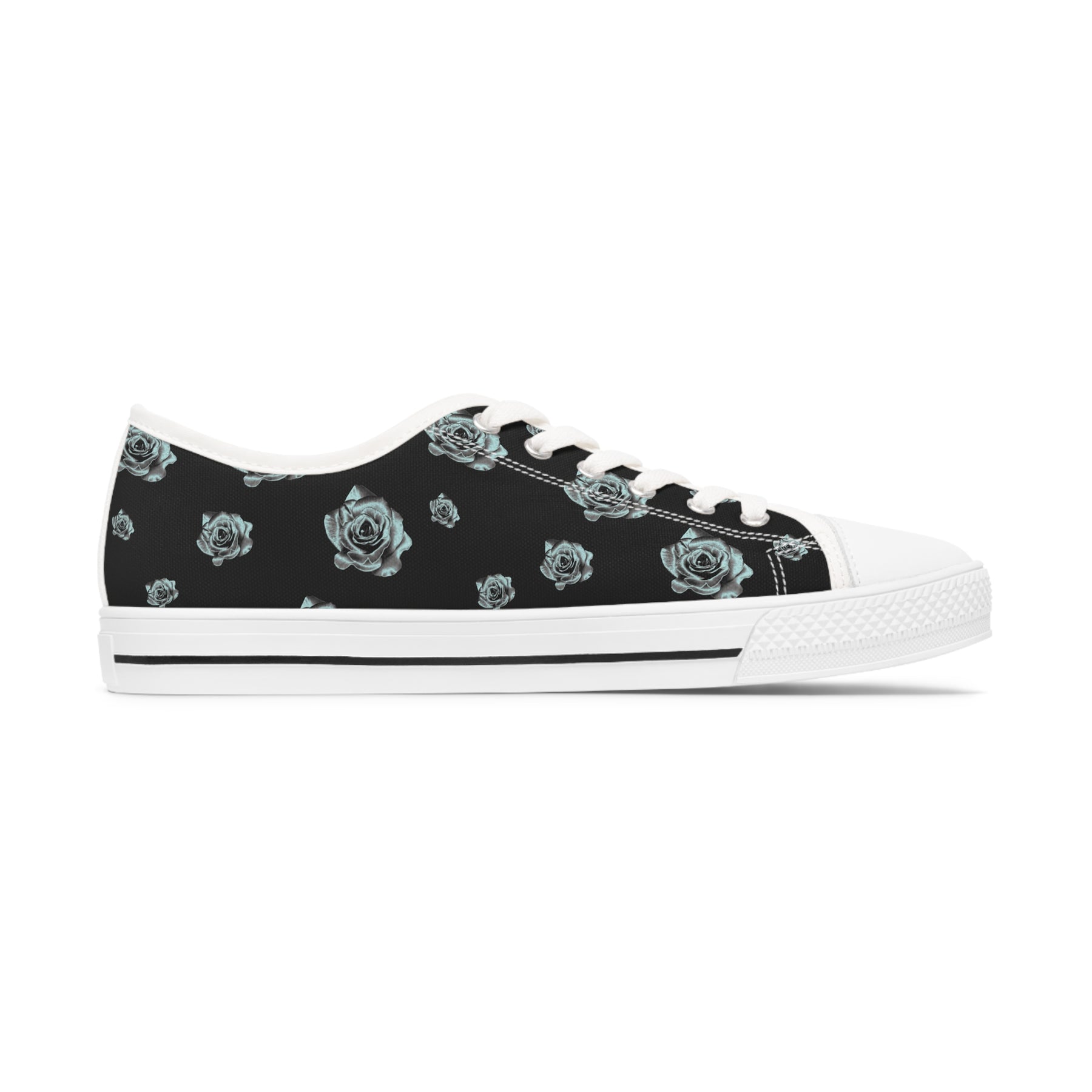 1 Black Sneaker with silver/blue roses and white soles and laces