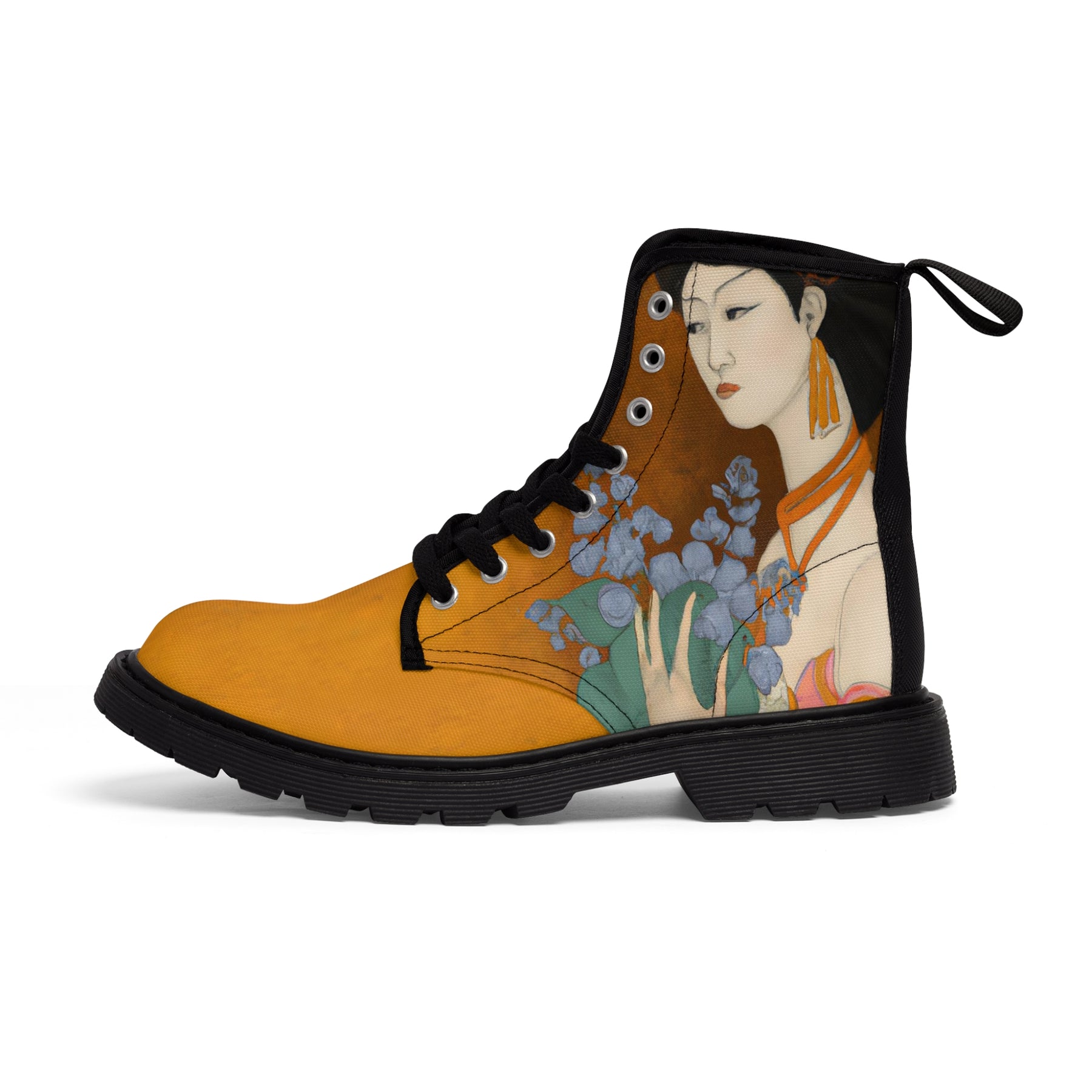 Woman's canvas boots with a painted image of a Geisha holding some violets