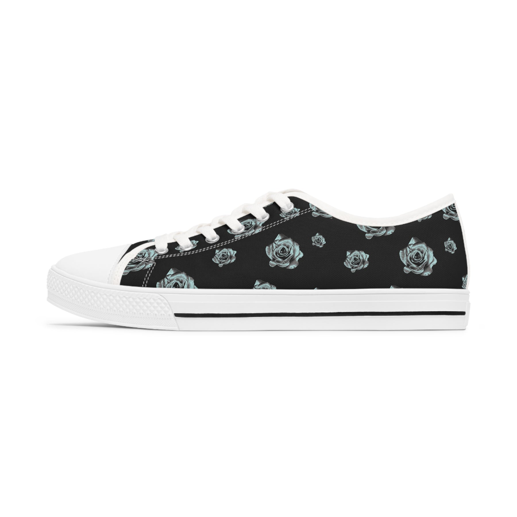 1 Black Sneaker with silver/blue roses and white soles and laces