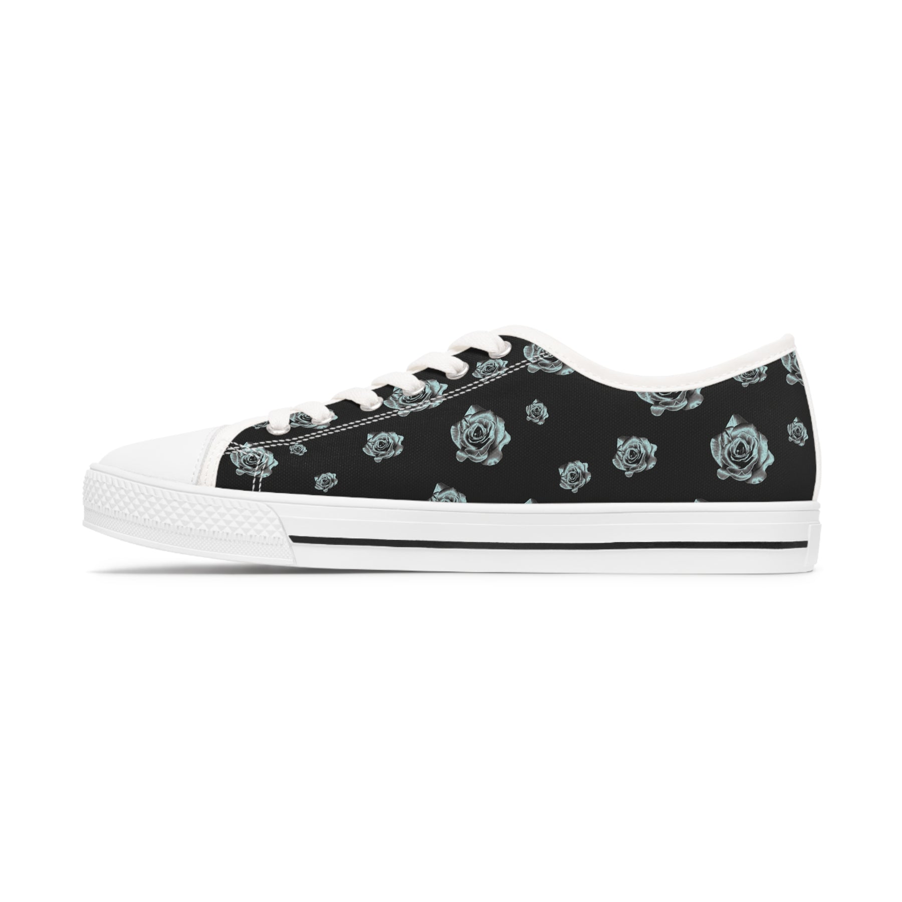 1 Black Sneaker with silver/blue roses and white soles and laces