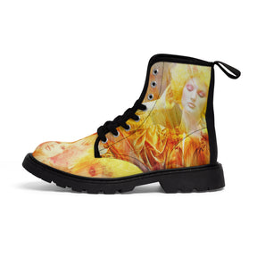 woman's canvas boots printed with a montage image of a beautiful fashion clown