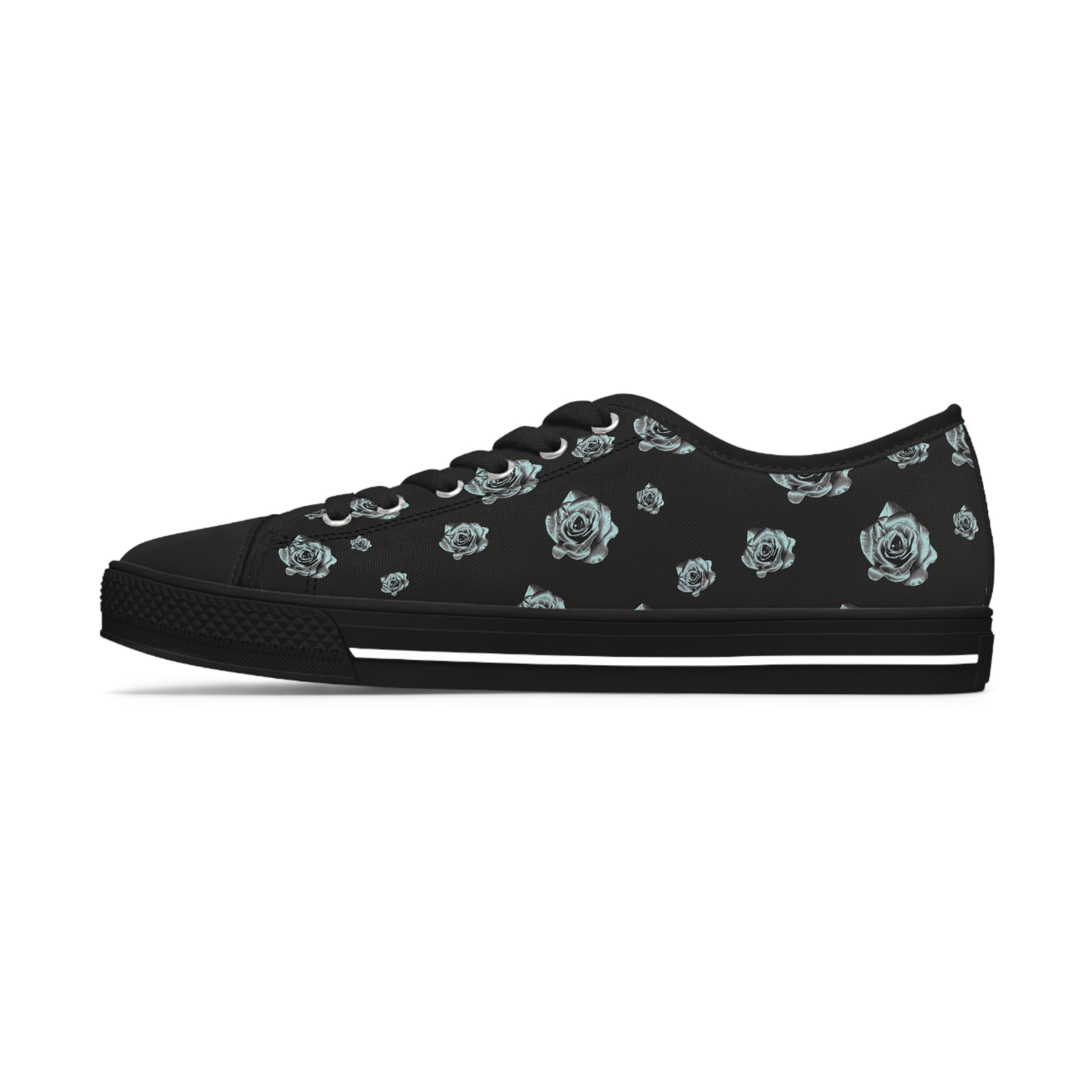 1 Black Sneaker with silver/blue roses and black soles and laces. 