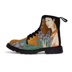 Woman's canvas boots with a painted image of a Geisha holding some violets