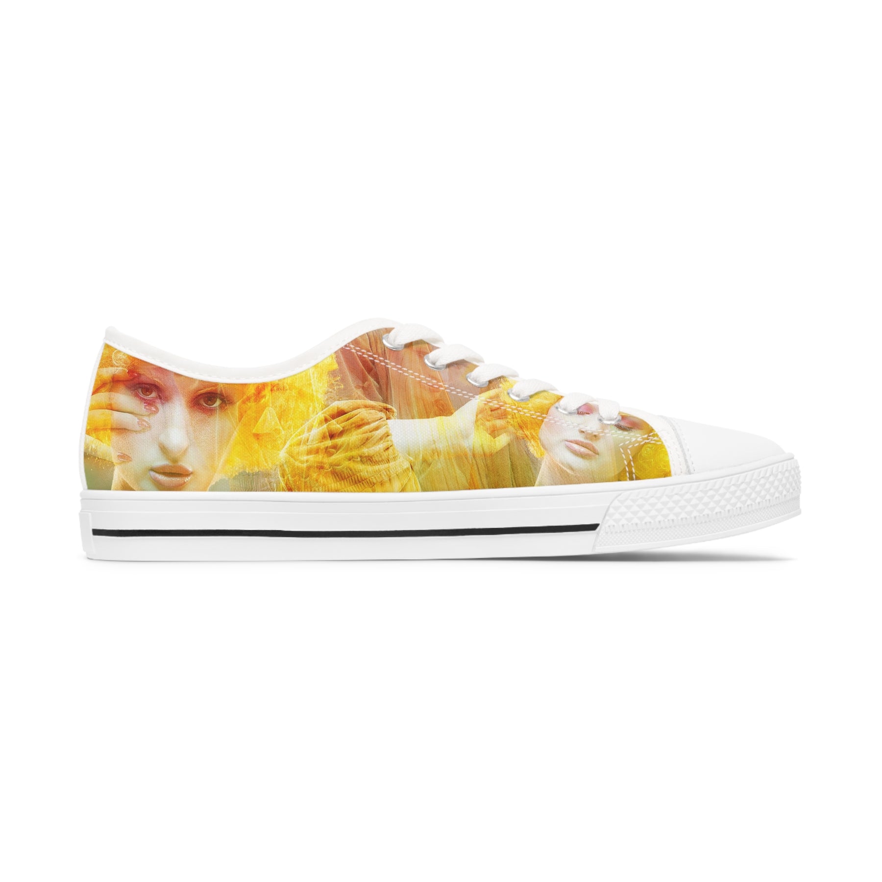 woman's canvas sneakers printed with a montage image of a beautiful fashion clown