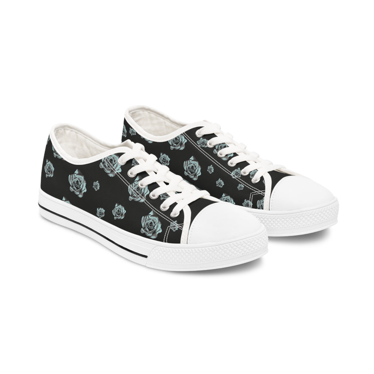 Black Sneakers with silver/blue roses and white soles and laces