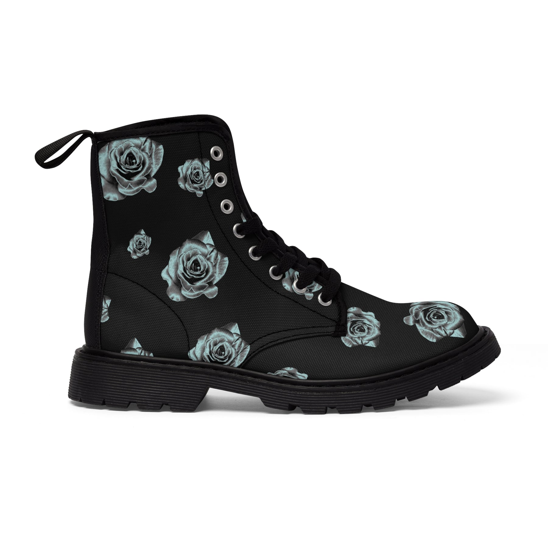 Women's black canvas boots with a silver rose pattern side view