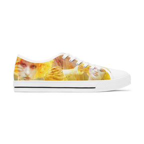 woman's canvas sneakers printed with a montage image of a beautiful fashion clown