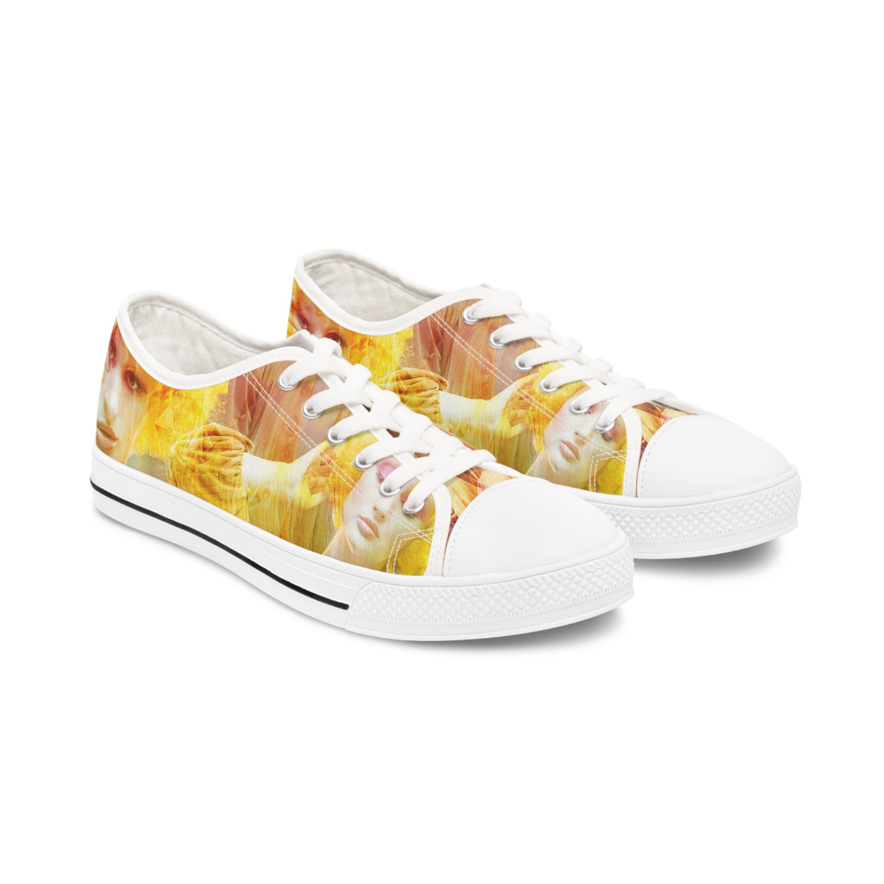 woman's canvas sneakers printed with a montage image of a beautiful fashion clown