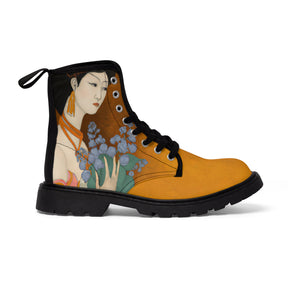 Woman's canvas boots with a painted image of a Geisha holding some violets