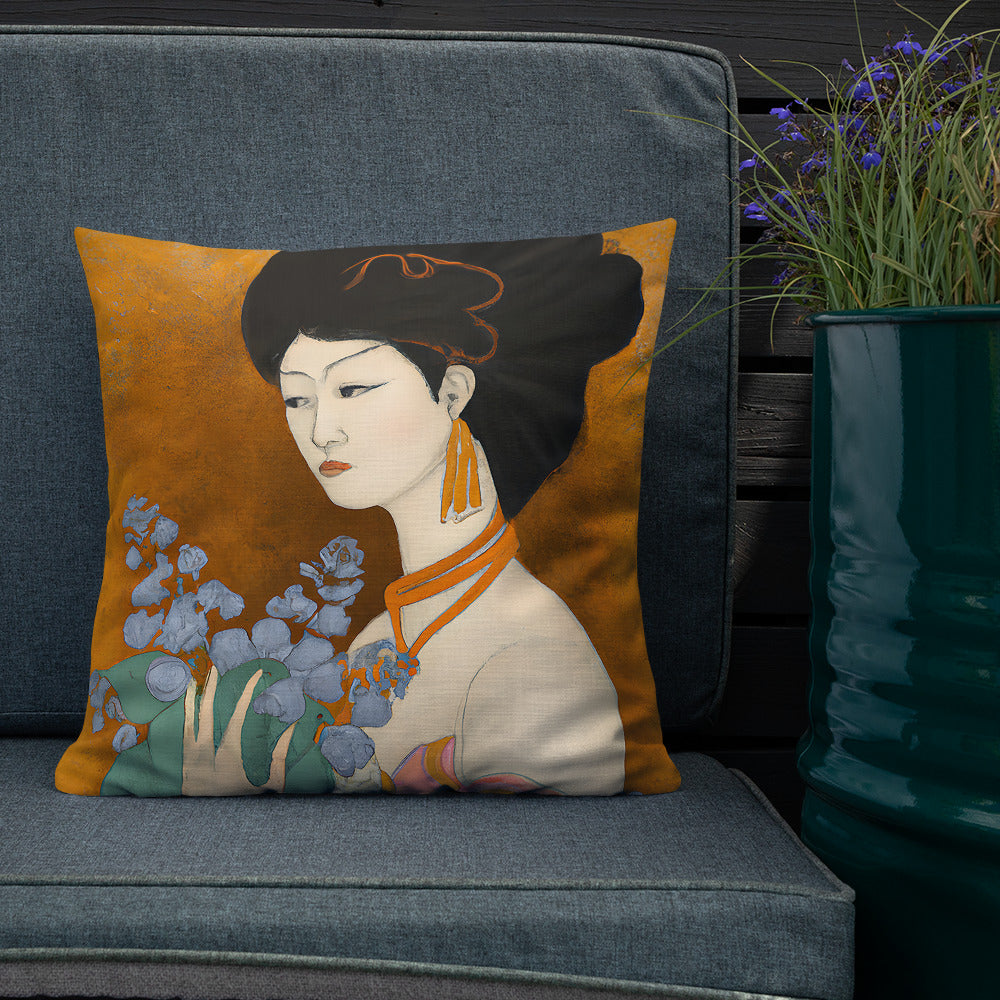 Interior room view of a Premium Pillow with a painted image of a Geisha holding some violets