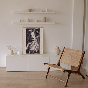 interior room view with a framed Fine art Poster Print of a very textured painted image of a woman with flowers in her hair that looks like a black and white engraving