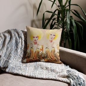 room view with a premium pillow with a photo of Gemini twins in a vintage gold dress with yellow curly hair