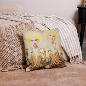 room view with a premium pillow with a photo of Gemini twins in a vintage gold dress with yellow curly hair