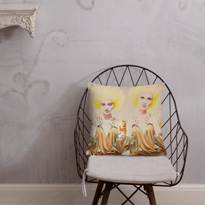 room view with a premium pillow with a photo of Gemini twins in a vintage gold dress with yellow curly hair