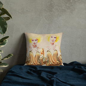 room view with a premium pillow with a photo of Gemini twins in a vintage gold dress with yellow curly hair