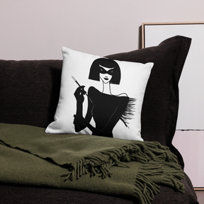 Interior view with a Premium Pillow with an ink drawing of a 1920's woman in a mask and holding a long cigarette