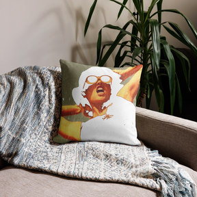 Interior view with a Premium pillow with the image of a fashion model artistically rendered front view