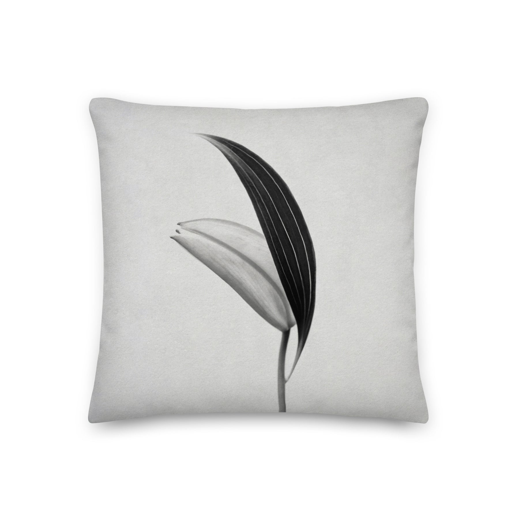 Premium Pillow with a silver cover with a black and photo of a budding Lily