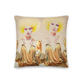 premium pillow with a photo of Gemini twins in a vintage gold dress with yellow curly hair