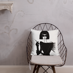 Interior view with a Premium Pillow with an ink drawing of a 1920's woman in a mask and holding a long cigarette