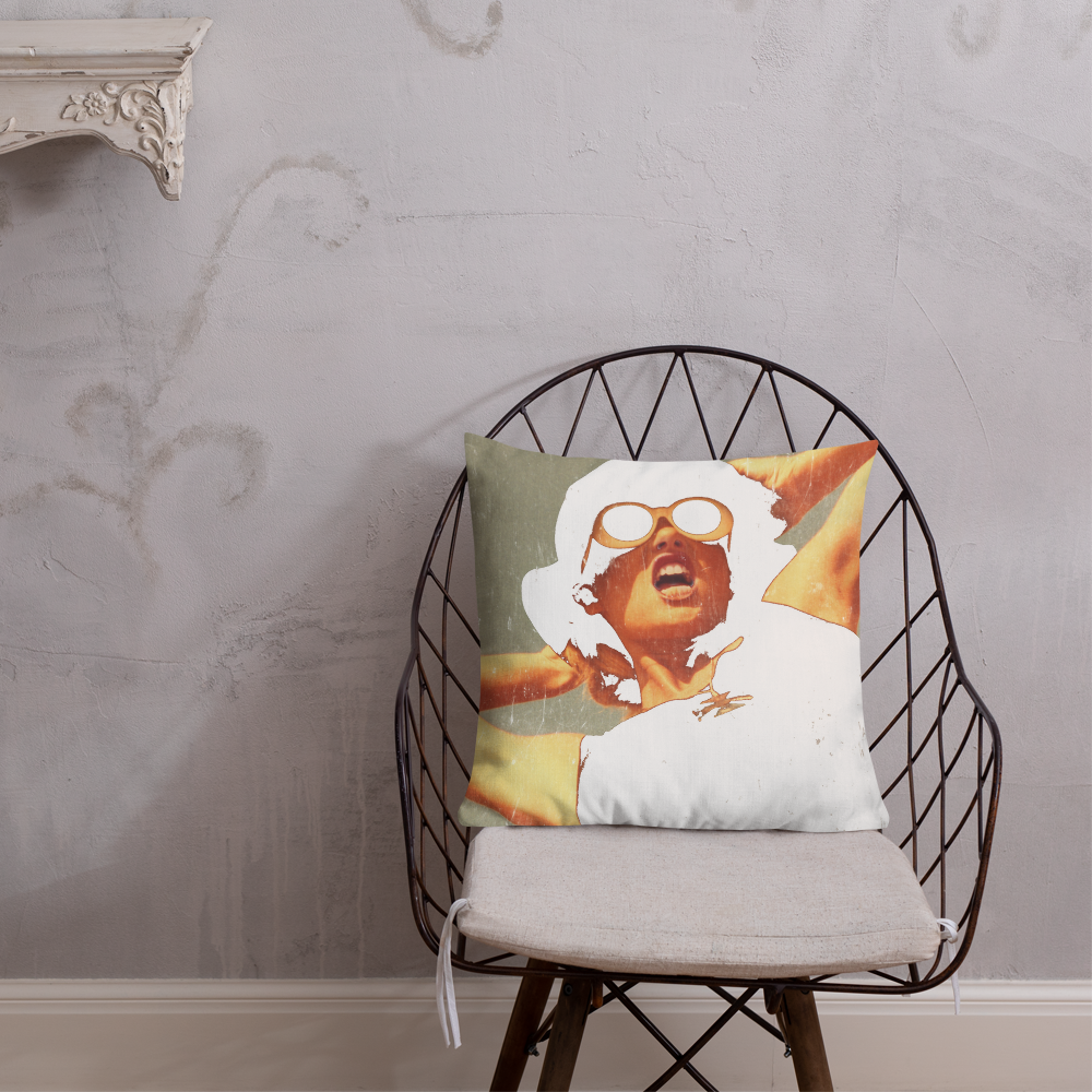 Interior view with a Premium pillow with the image of a fashion model artistically rendered front view