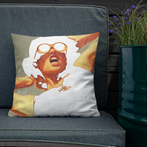 Interior view with a Premium pillow with the image of a fashion model artistically rendered front view