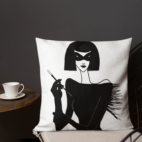 Interior view with a Premium Pillow with an ink drawing of a 1920's woman in a mask and holding a long cigarette