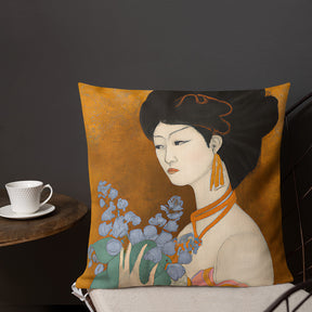 Interior room view of a Premium Pillow with a painted image of a Geisha holding some violets