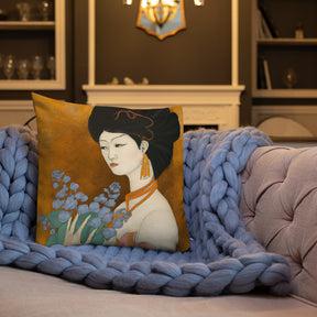 Interior room view of a Premium Pillow with a painted image of a Geisha holding some violets