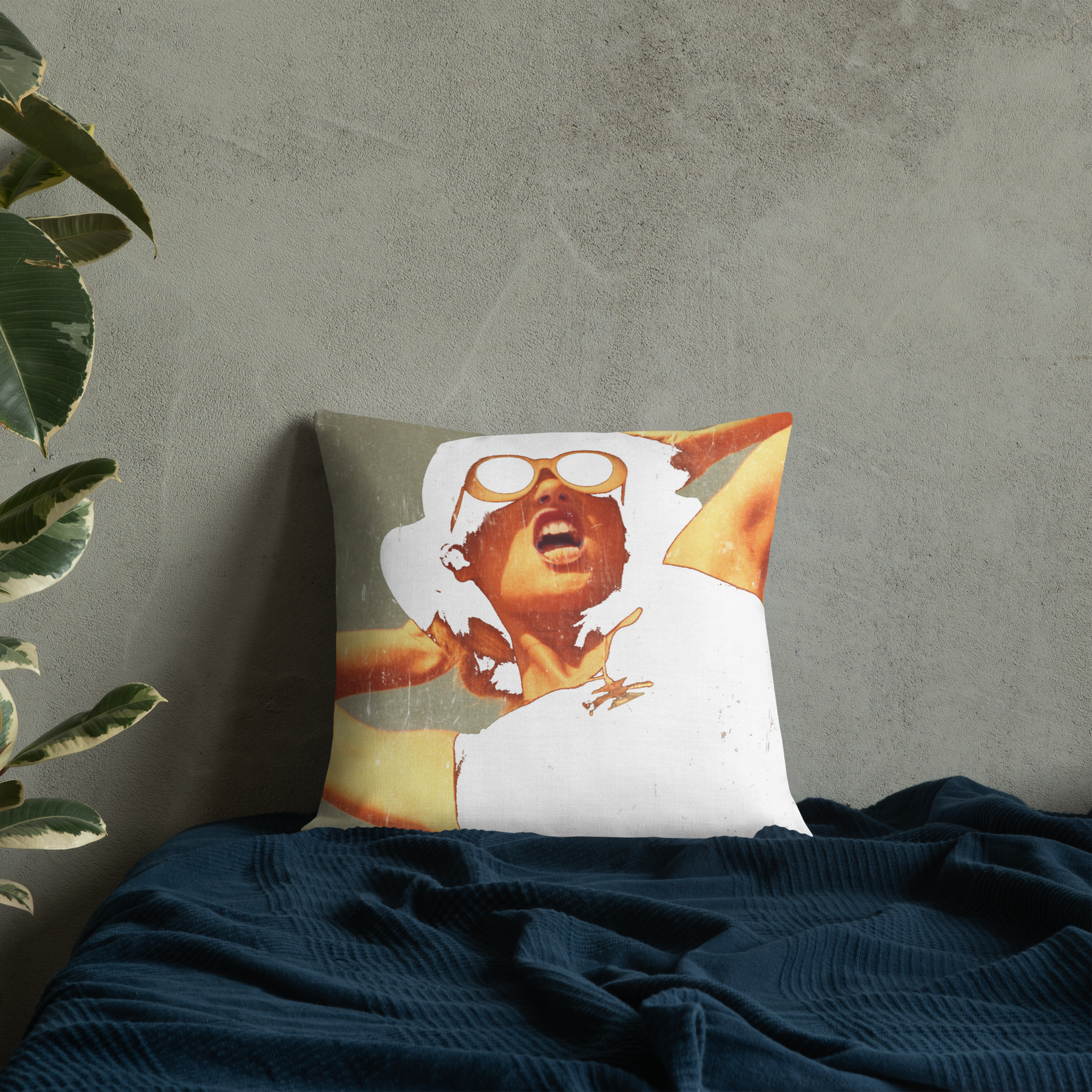 Interior view with a Premium pillow with the image of a fashion model artistically rendered front view