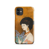 iPhone case with a painted image of a Geisha holding some violets 