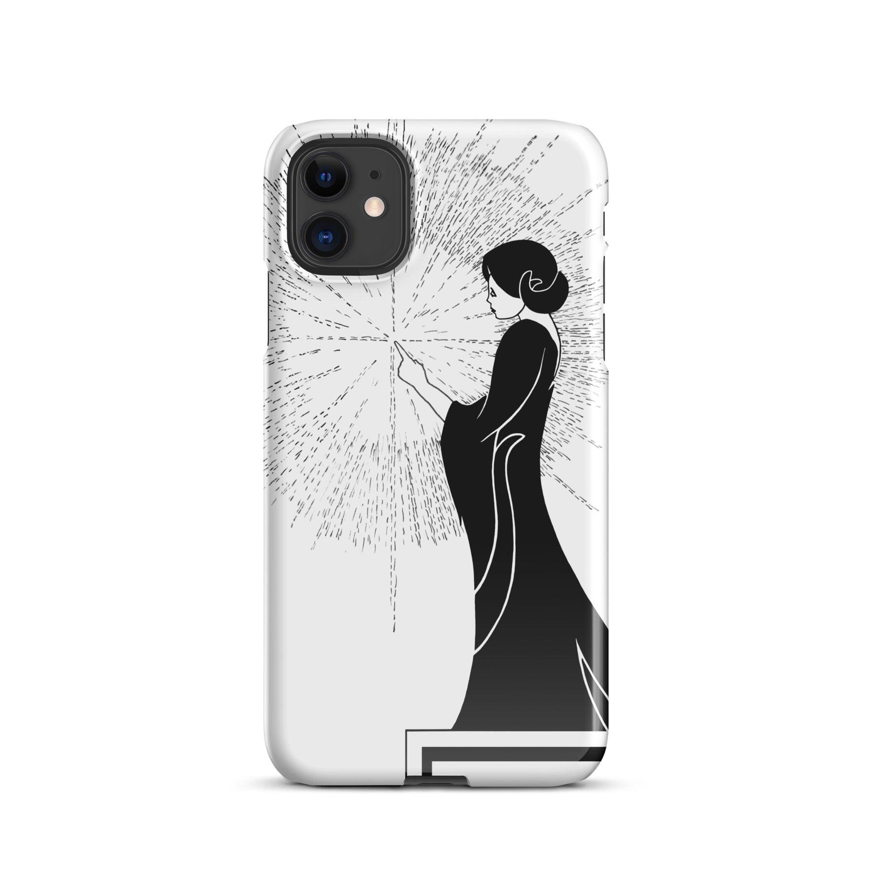 iPhone Case with an ink drawing of a woman touching the spark of creation in an Art Deco style