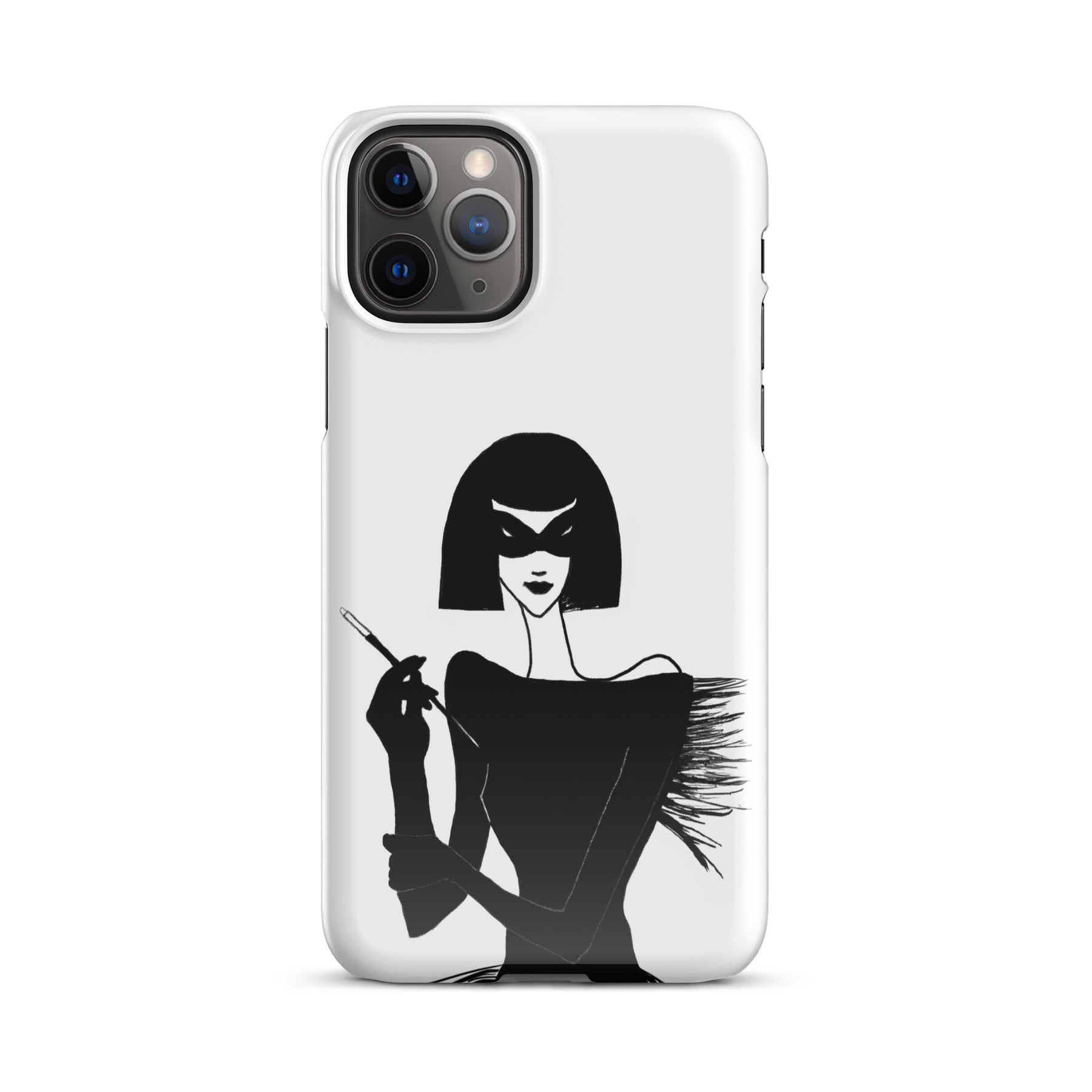 iPhone case with an ink drawing of a 1920's woman in a mask and holding a long cigarette