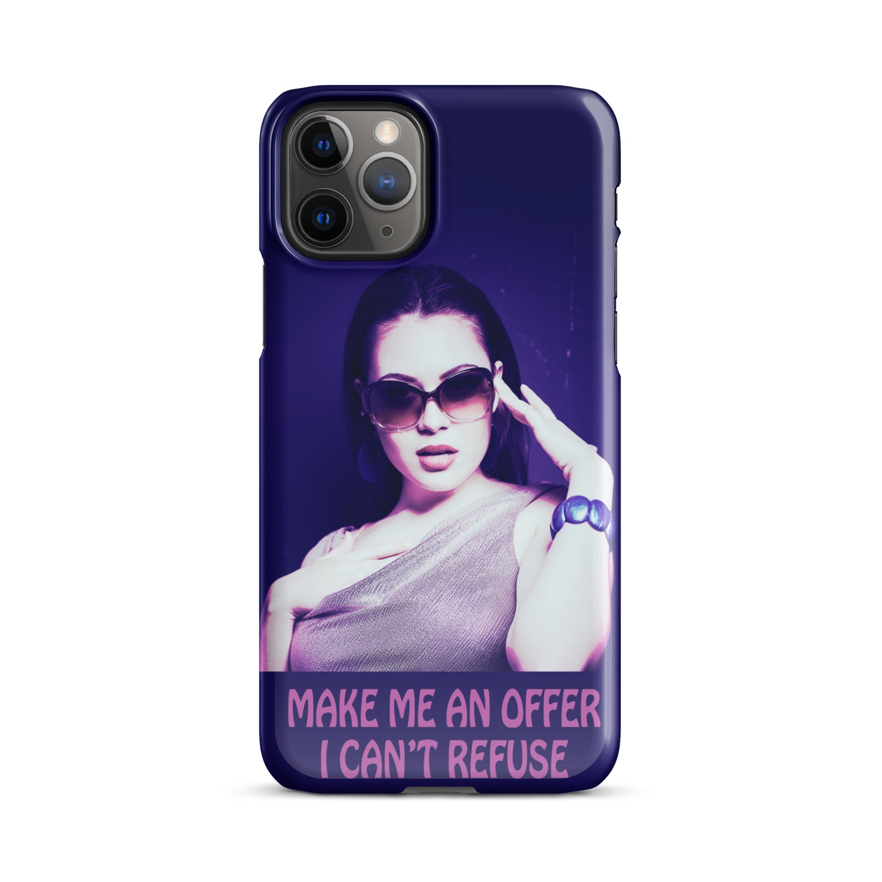 iPhone case with a purple wrap and an image of a young woman in sunglasses. There is pink text that reads Make Me An Offer I Can't Refuse