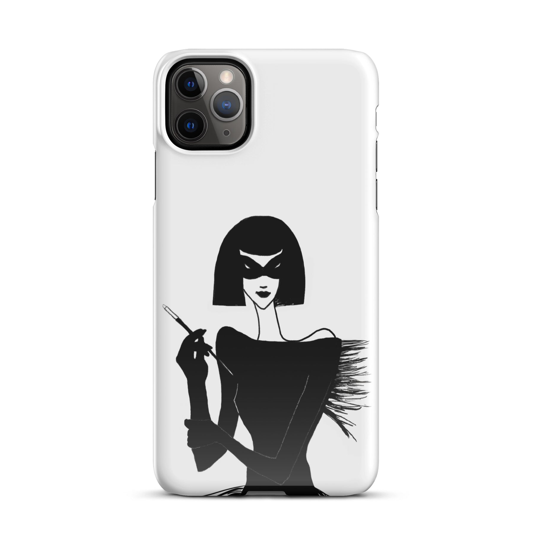 iPhone case with an ink drawing of a 1920's woman in a mask and holding a long cigarette