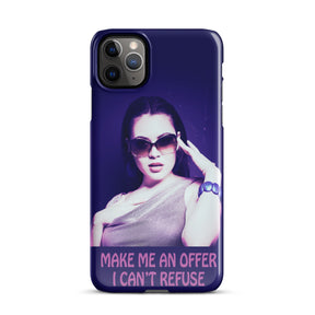 iPhone case with a purple wrap and an image of a young woman in sunglasses. There is pink text that reads Make Me An Offer I Can't Refuse