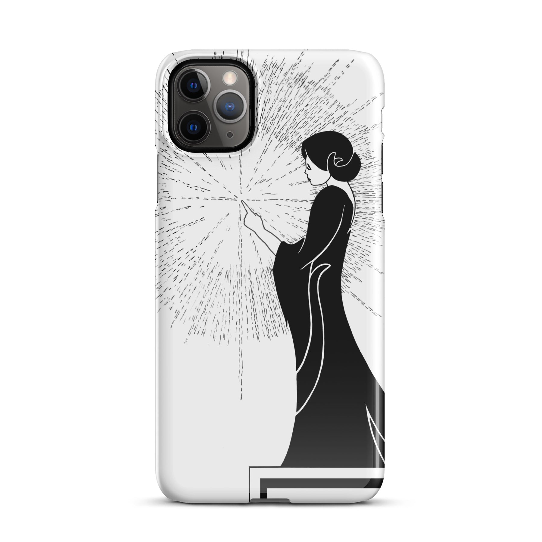 iPhone Case with an ink drawing of a woman touching the spark of creation in an Art Deco style